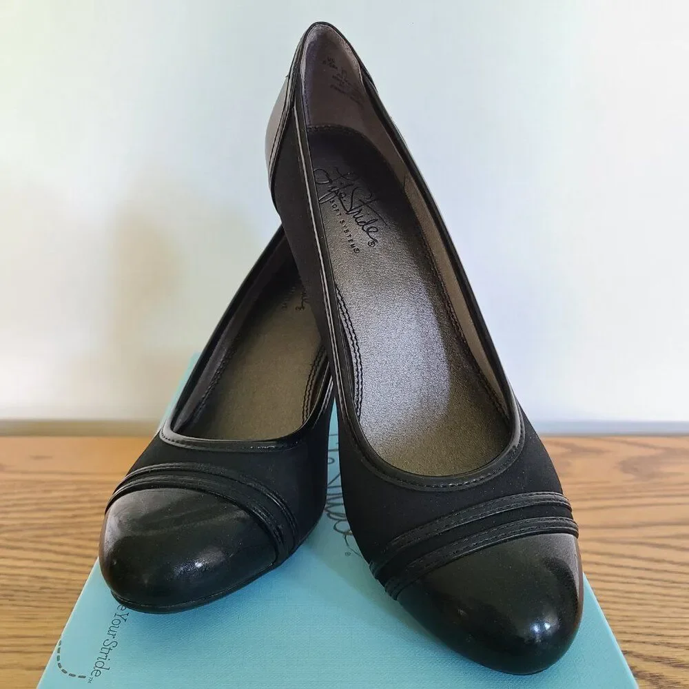 Life Stride Women's Petunia Black Pumps High Heels Shoes Patent And Fabric 8.5M